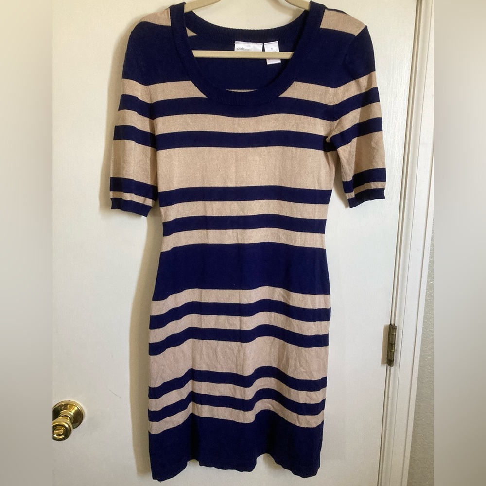 *Allison Brittany Navy & Tan Striped Knit Small Shift Sweater Dress #O